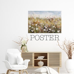 Poster - Wildflower Meadow Oil Painting Print, Muted Tones Landscape Art, Impressionist Oil Painting, Field of Flowers - 110