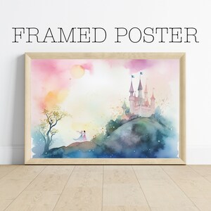 Póster enmarcado - Castillo de acuarela con 2 figuras, príncipe y princesa, hermanas, arte de pared congelado, decoración de la habitación de los niños, arte de la guardería - 259