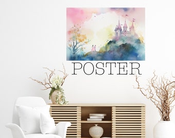 Poster – Magical Castle Watercolor Print | Prince and Princess Fairytale Art | Whimsical Pastel Nursery Decor – 261