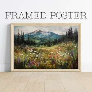 Gerahmtes Poster - Serene Berglandschaft, impressionistische Ölmalerei, ruhiger Wald, Blumenfeld, sanfte, gedämpfte Töne - 407