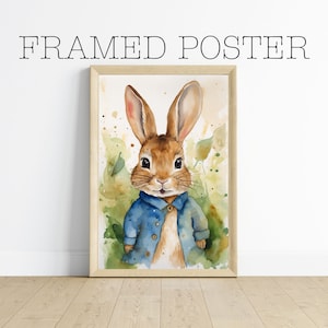 Framed Poster – Peter Rabbit Watercolor Print | Bunny in Blue Jacket Nursery Art | Forest Animal Kids Room Decor – 121