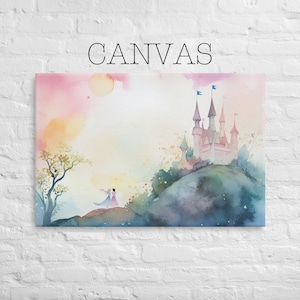 Lienzo: Castillo de acuarela con 2 figuras, Príncipe y princesa, Hermanas, Arte de pared de Frozen, Decoración de habitación infantil, Arte para guardería - 259