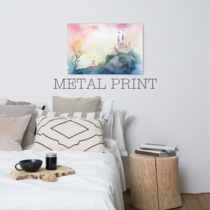 Impresión de metal - Castillo de acuarela con 2 figuras, príncipe y princesa, hermanas, arte de pared congelado, decoración de la habitación de los niños, arte de la guardería - 259