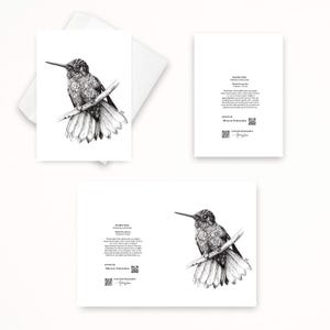 May include: Set of three white greeting cards featuring a detailed black and white illustration of a hummingbird perched on a branch. The cards include text about the species and artist information.
