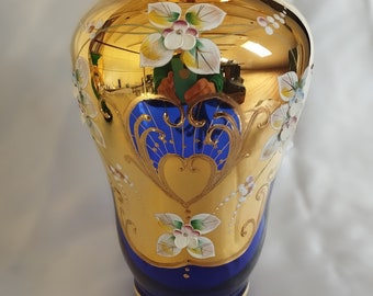 Bohemia crystal glass blue vase 21 cm decorated enamel and enamel