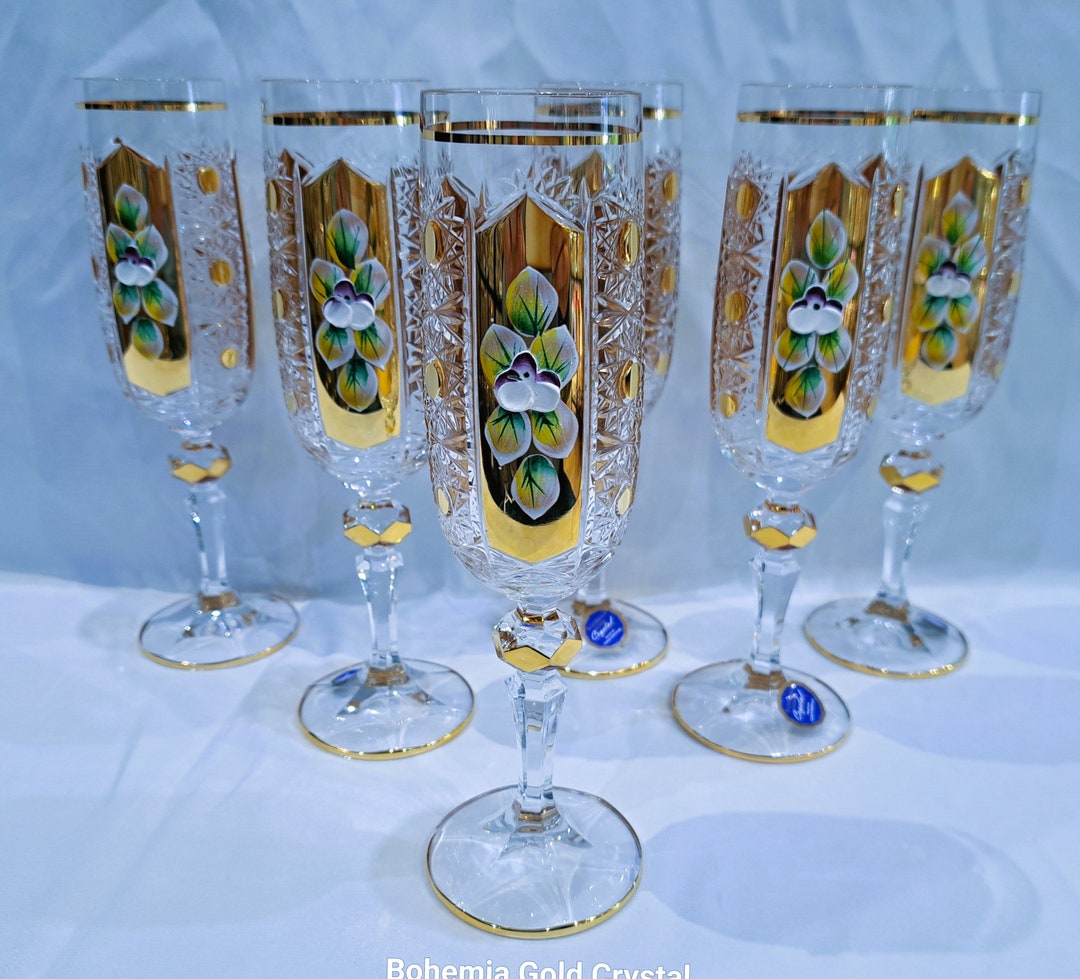 Bohemia Crystal Champagne Glasses 21 Cm Decorated Gold and Etsy