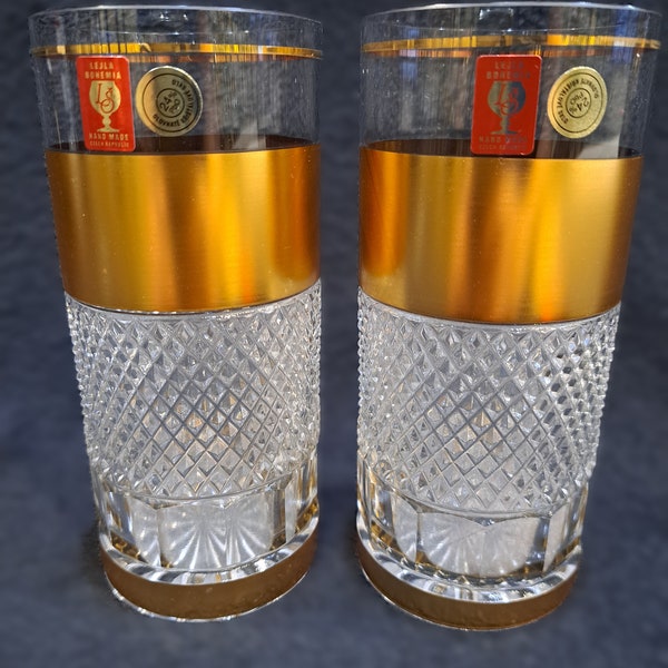 Bohemia crystal whisky, water glasses 15 cm decorated gold 2pc.