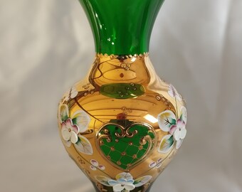 Bohemia crystal glass green vase 17 cm decorated enamel and enamel