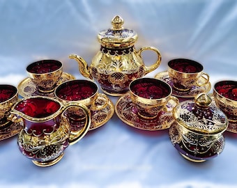 Bohemia glass luxury red tea, coffee set decorated gold