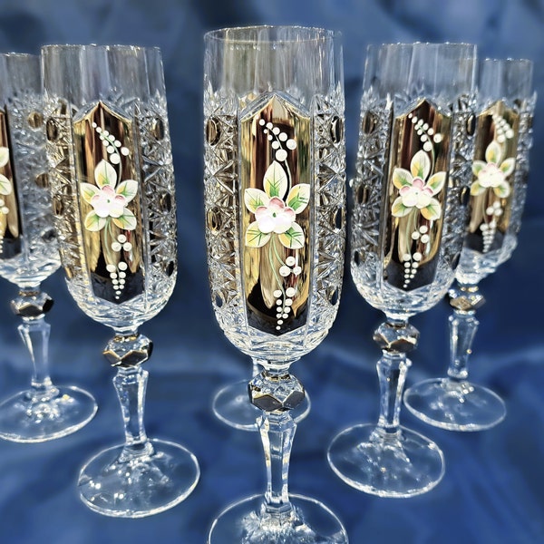 Verres à champagne en cristal de Bohême 21 cm décorés platine et émail 6pc.