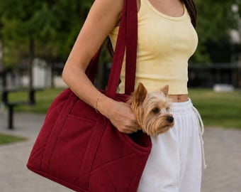 Burgundy Dog Carrier Bag, Small Dog Tote Bag, Stylish Pet Carrier Purse, Soft Puppy Travel Bag, Dog Mom Bag, Cat Carrier Tote