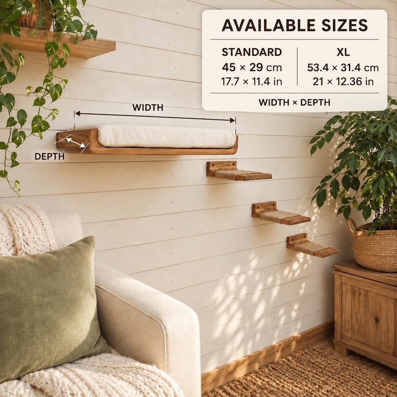 Wooden Wall Mounted Cat Shelf With Cushion & 3 Steps — Modern Cat ...