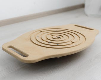 Wooden Balance Board with Maze, Montessori Toddler Busy Board, Baby Balance Trainer, Eco-Friendly Wooden Toy, Educational Activity for Kids