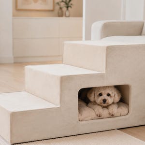 Puede incluir: Una escalera para mascotas de tres peldaños tapizada en tela de color beige claro. La base de la estructura presenta un compartimento rectangular hueco que contiene un perro pequeño de pelo rizado descansando sobre una superficie acolchada.