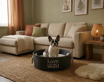 Lian Felt Dog Bed with Handles, Round Grey Pet Bed 37cm, Soft Plush Cushion, Modern Dog Nest for Small Dogs & Cats, Durable Felt Cat Cave