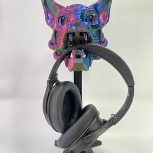 Cyber Cat Headphone Stand – 3D Printed PLA, Unique Cat Decor, Gamer Desk Organizer, Headset Holder