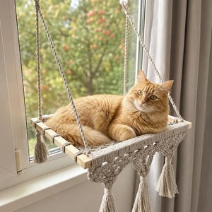 Macrame Cat Hammock Window Perch - Cat Wall Shelf Boho Furniture - Hanging Bed Suction Cup