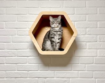 Mensola esagonale per gatti personalizzabile, mobile per gatti a nido d'ape, cuccia galleggiante per gatti, arrampicatore per gatti in compensato di betulla, moderno trespolo per gatti da parete