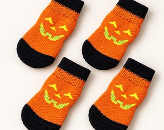 Calcetines antideslizantes de Halloween para mascotas (paquete de 4) — Botines antideslizantes con forma de calabaza para perros, estampado naranja de calabaza de Halloween