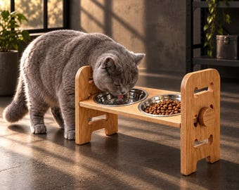 May include: A light brown wooden elevated pet feeder stand featuring two circular stainless steel bowls. One bowl contains water and the other contains dry brown kibble. The stand has adjustable side panels with circular knobs and cutouts.