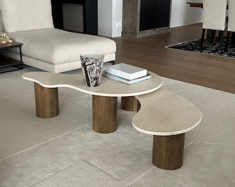 Set 2 Coffee Tables/ Oak and Stone/ Round Table/ Organic Table/ Modern Table/ Stylish Table/ Natural Marble/ Living Room Table/ Oak Wood