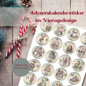 Printable Christmas stickers for Advent calendars | digital stickers in vintage design | 1 PDF file + 24 PNGs (ZIP) to download
