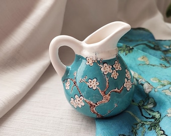 Handmade Almond Blossom Patterned Tile Small Jug, HandPainted Decorative Small Ceramic Jug for Kitchen or Living Room Decor, Small Sauce Jug