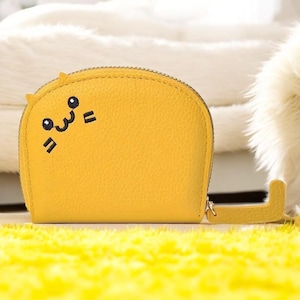 Carteira porta-cartões em formato de gato amarelo fofo para mulheres – porta-moedas pequeno com zíper kawaii – mini porta-cartões de crédito, ideia de presente