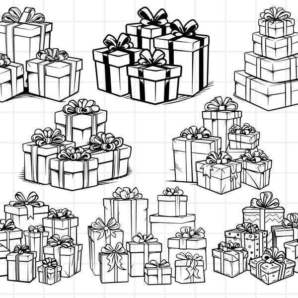 STACKED PRESENTS SVG - pile of presents for christmas or birthdays - presents with ribbons bundle svg - gifts line art vectors