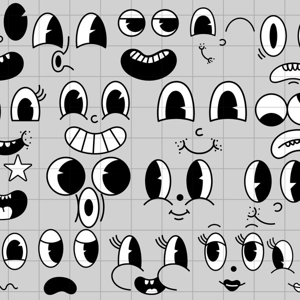 EXPRESSIVE EMOTIONS BUNDLE svg  - 21 Funny Cartoon Faceless svg & png Files for Commercial Use - groovy excited happy faces svg images