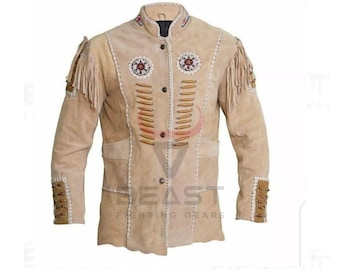 Western Style Suede Leather Jacket for Men with Native  Bone Beaded Work