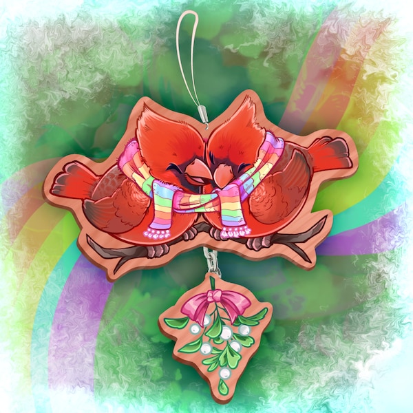 Cardinal Lovers / Wooden Holiday Ornament Dangling Charm