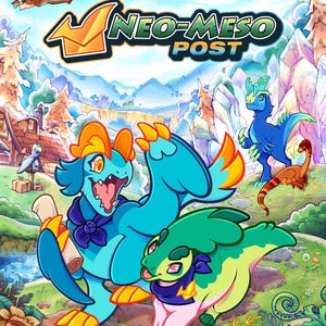 May include: A vibrant digital illustration titled NEO-MESO POST featuring cartoon dinosaurs in a lush landscape. A large blue dinosaur holds a scroll, while a smaller green dinosaur runs alongside. Pterosaurs fly above, and other dinosaurs stand in the background.