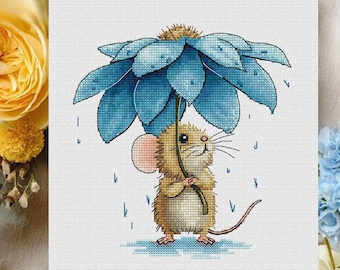 Patrón de punto de cruz de ratón, bordado floral moderno DIY, descarga instantánea digital en PDF de lluvia de primavera, gráfico de decoración de animales divertidos y encantadores.