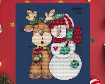 Christmas Friends cross stitch pattern, snowman and deer winter needlework, holiday modern embroidery, PDF digital chart, Cross Stitch Saga