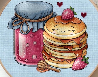 Cute pancakes and strawberry jam cross stitch pattern, kawaii breakfast embroidery design, sweet food lover DIY gift,modern embroidery, Saga