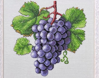 Grapes counted cross stitch pattern, fruit PDF chart, botanical embroidery, violet berry with green leaves xstitch, SAGA, needlework decor