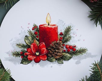 Winter Candle Cross Stitch Pattern, Christmas Floral Arrangement, Cozy Holiday Decor, Pine Tree Modern Embroidery, Instant PDF Download