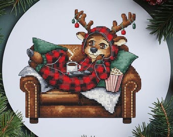 Cozy Reindeer Cross Stitch Pattern, Christmas Deer in Pajamas Embroidery, Winter Relaxing Animal PDF pattern, Cute Holiday Xstitch Design