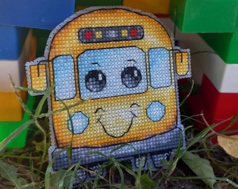 School bus back-to-school cross stitch pattern, yellow transport easy stitch, kids crafts, plastic canvas PDF chart, Saga, modern embroidery