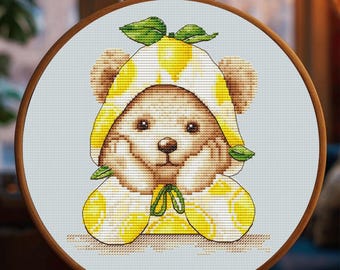 Lemon Teddy Bear Cross Stitch Pattern, Cute Bear in Lemon Costume, Digital PDF Instant Download, Summer Animal Modern Embroidery Design