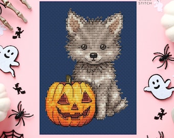 Patrón de punto de cruz de Lobo de Halloween, gráfico de punto de cruz contado de Lobo de Halloween, archivo PDF digital, lindo diseño de bordado de Halloween, punto de cruz