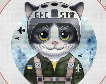 Pilot Cat counted cross stitch pattern, Guardian of the Sky, Cute captain animal chart, Ukraine modern embroidery, easy PDF tutorial, SAGA