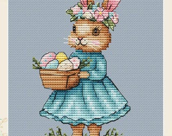 Easter Bunny Girl counted cross stitch pattern, cute hare digital PDF chart, embroidery design,DIY gift,SAGA, spring floral egg basket decor