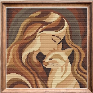 Tender Warmth cross stitch pattern,gentle cat & girl embroidery design, PDF instant download,sweet cute animal chart, modern stitching,SAGA