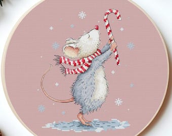 Christmas Mouse Cross Stitch Pattern, Cute Winter Mouse with Candy Cane, Holiday Modern Embroidery Design, digital PDF instant download,SAGA