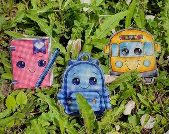 3 Back-to-school cross stitch patterns bundle; yellow bus, blue school bag, pink notebook with pencil PDF file; cute school stationery; SAGA