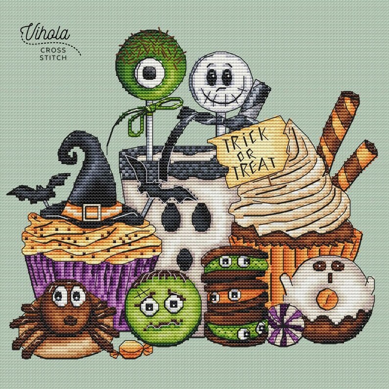 Sweet Halloween cross stitch pattern, digital PDF file, cute embroidery design