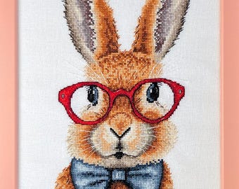 Cute hipster bunny counted cross stitch pattern, Rabbit with red glasses modern embroidery, funny animal instant download digital PDF chart
