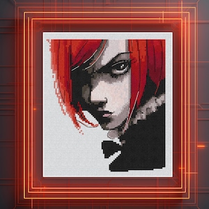 Op de afbeelding: Kruissteekportret van een vrouw met rood haar en een strenge uitdrukking. Het kunstwerk is voornamelijk zwart, wit en rood, met gedetailleerde schaduwen. De afbeelding is omlijst met een oranje gloeiende rand en de tekst "Vihola Cross Stitch".
